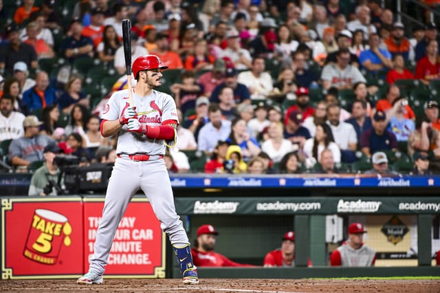 HOUSTON, TEXAS - JUNE 05: Nolan Arenado #28 of the St. Louis Cardinals bats against the Houston Astros at Minute Maid Park on June 05, 2024 in Houston, Texas.