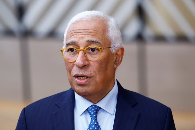 European Council President Antonio Costa speaks as he gives a press statement with European Commission President Ursula von der Leyen and Canadian Prime Minister Justin Trudeau in Brussels, Belgium February 12, 2025. REUTERS/Stephanie Lecocq