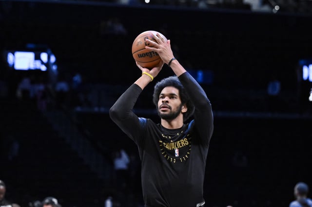 Feb 20, 2025; Brooklyn, New York, USA; Cleveland Cavaliers center Jarrett Allen (31) warms up before a game against the Brooklyn Nets at Barclays Center. Mandatory Credit: John Jones-Imagn Images/File Photo