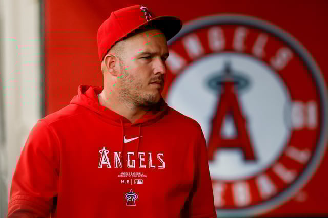 ANAHEIM, CALIFORNIA - SEPTEMBER 4: Mike Trout #27 of the Los Angeles Angels walks through the dugout during a game against the Los Angeles Dodgers at Angel Stadium of Anaheim on September 4, 2024 in Anaheim, California.