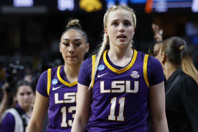 Hailey Van Lith #11 of the LSU Tigers reacts after losing to the Iowa Hawkeyes 94-87 in the Elite 8 round of the NCAA Women&#39;s Basketball Tournament at MVP Arena on April 01, 2024 in Albany, New York.