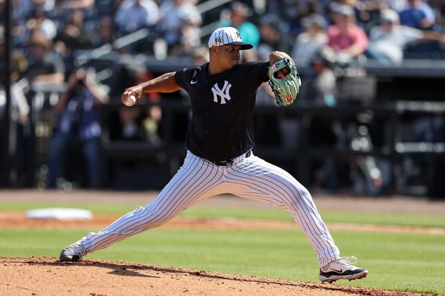 Feb 23, 2025; Tampa, Florida, USA; New York Yankees pitcher Fernando Cruz (63) throws a pitch against the Detroit Tigers in the fourth inning during spring training at George M. Steinbrenner Field. Mandatory Credit: Nathan Ray Seebeck-Imagn Images