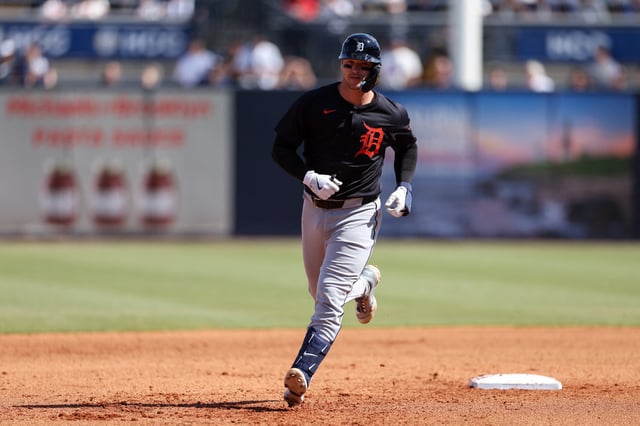 Feb 23, 2025; Tampa, Florida, USA; Detroit Tigers catcher Dillon Dingler (13) runs the bases after hitting a two run home run against the New York Yankees in the fourth inning  during spring training at George M. Steinbrenner Field. Mandatory Credit: Nathan Ray Seebeck-Imagn Images