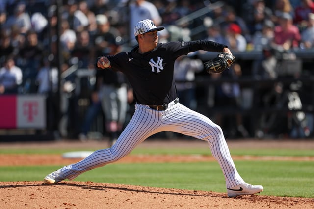 Feb 23, 2025; Tampa, Florida, USA; New York Yankees pitcher Geoff Haertlieb (64) throws a pitch against the Detroit Tigers in the seventh inning during spring training at George M. Steinbrenner Field. Mandatory Credit: Nathan Ray Seebeck-Imagn Images