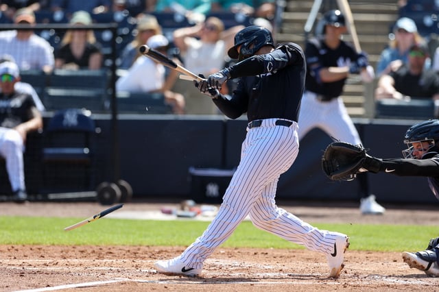Feb 23, 2025; Tampa, Florida, USA; New York Yankees catcher Alex Jackson (39) breaks his bat on a foul ball against the Detroit Tigers in the second inning during spring training at George M. Steinbrenner Field. Mandatory Credit: Nathan Ray Seebeck-Imagn Images