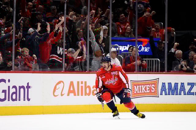 Washington Capitals captain Alex Ovechkin celebrates after scoring in the second period against the Edmonton Oilers. (AP Photo/Nick Wass)