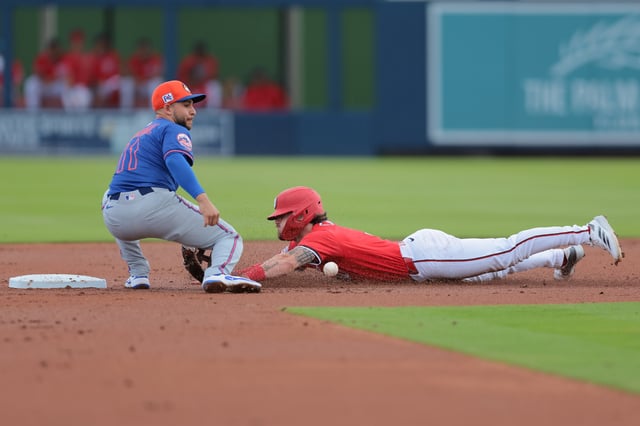 Feb 23, 2025; West Palm Beach, Florida, USA; Washington Nationals right fielder Dylan Crews (3) steals second base against New York Mets second baseman Nick Madrigal (11) during the first inning at CACTI Park of the Palm Beaches. Mandatory Credit: Sam Navarro-Imagn Images
