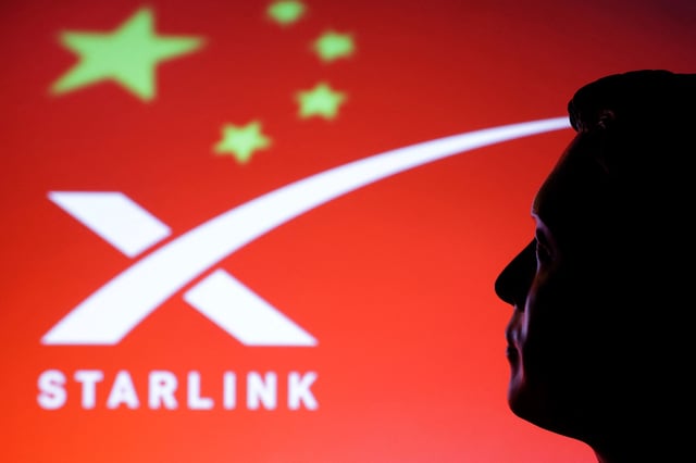 A 3D-printed miniature model of Elon Musk, a Chinese flag and the Starlink logo are seen in this illustration taken, February 20, 2025. REUTERS/Dado Ruvic/Illustration