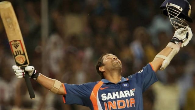 Sachin Tendulkar celebrates after scoring the first-ever double century by any batsman in ODI cricket.
