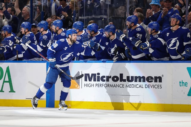 Feb 23, 2025; Tampa, Florida, USA; Tampa Bay Lightning left wing Brandon Hagel (38) celebrates after scoring a goal against the Seattle Kraken in the second period at Amalie Arena. Mandatory Credit: Nathan Ray Seebeck-Imagn Images