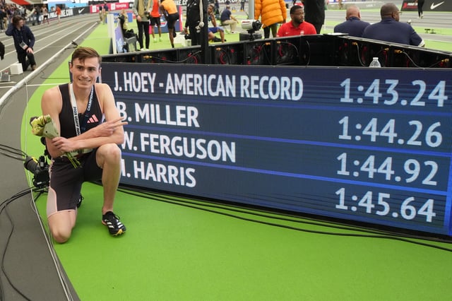 Feb 23, 2025; Staten Island, NY, USA; Josh Hoey poses after winning the 800m in an American record 1:43.24 during the USATF Indoor Championships at Ocean Breeze Athletic Complex. Mandatory Credit: Kirby Lee-Imagn Images