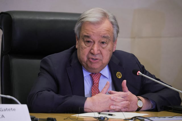 United Nations Secretary-General Antonio Guterres addresses the media during the 38th Ordinary Session of the Heads of State and Government of the African Union at the African Union Commission (AUC) headquarters in Addis Ababa, Ethiopia, February 15, 2025. REUTERS/ Tiksa Negeri/File photo