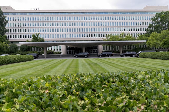 The presidential motorcade outside the Central Intelligence Agency (CIA) headquarters in Langley, Virginia, in July 2022.