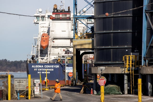 The self-discharging bulk carrier Algoma Conveyor is docked at the Hamilton port in Hamilton, Ontario, Canada, January 27, 2025. REUTERS/Carlos Osorio/File Photo