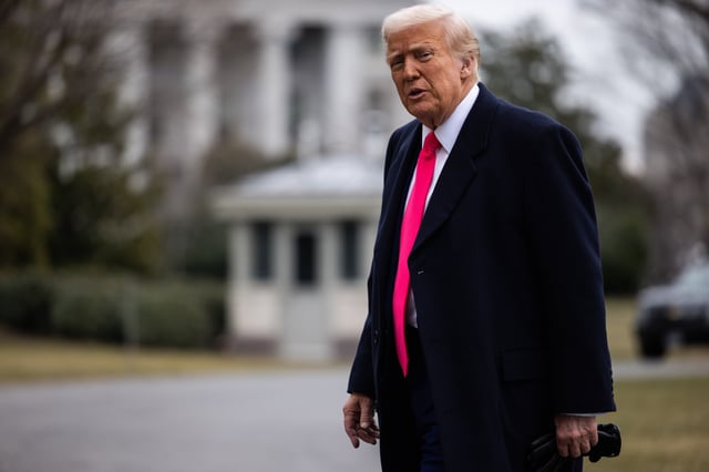 President Donald Trump walks to the Residence after arriving to the White House on February 22, 2025 in Washington, DC.