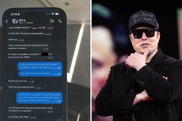 Text messages exchanged between Elon Musk and Ashley St Clair, [L] and Elon Musk at the Conservative Political Action Conference (CPAC) on February 20, 2025 in Oxon Hill, Maryland.