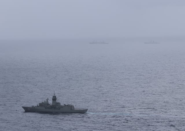 In this photo provided by the Australian Defense Department on February 20, 2025, Royal Australian Navy frigate HMAS Arunta, bottom, monitors Chinese replenishment vessel CNS Weishanhu, left, and frigate CNS Hengyang, right, in the Tasman Sea.