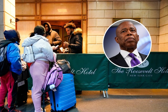 An immigrant family show their paperwork to security guards at the Roosevelt Hotel, Tuesday, Jan. 9, 2024, in New York. Inset: New York City Mayor Eric Adams.