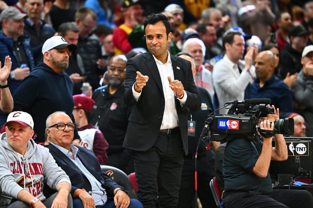 Former presidential candidate and Ohio native Vivek Ramaswamy celebrates courtside during the third quarter between the Cleveland Cavaliers and the Boston Celtics at Rocket Mortgage Fieldhouse on February 04, 2025, in Cleveland, Ohio.