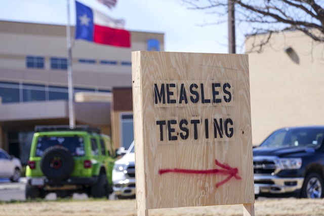 A sign is seen outside of Seminole Hospital District offering measles testing Friday, Feb. 21, 2025, in Seminole, Texas.