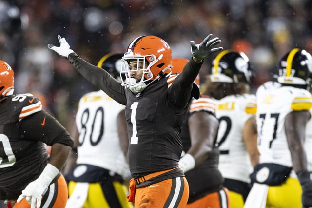 Nov 21, 2024; Cleveland, Ohio, USA; Cleveland Browns safety Juan Thornhill (1) celebrates a missed field goal by the Pittsburgh Steelers during the first quarter at Huntington Bank Field Stadium. Mandatory Credit: Scott Galvin-Imagn Images