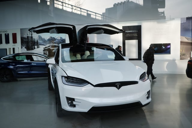 A tesla vehicle is displayed in a Manhattan dealership on January 30, 2020 in New York City.