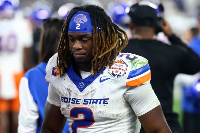 Dec 31, 2024; Glendale, AZ, USA; Boise State Broncos running back Ashton Jeanty (2) reacts after the game against the Penn State Nittany Lions in the Fiesta Bowl at State Farm Stadium. Mandatory Credit: Mark J. Rebilas-Imagn Images/File Photo