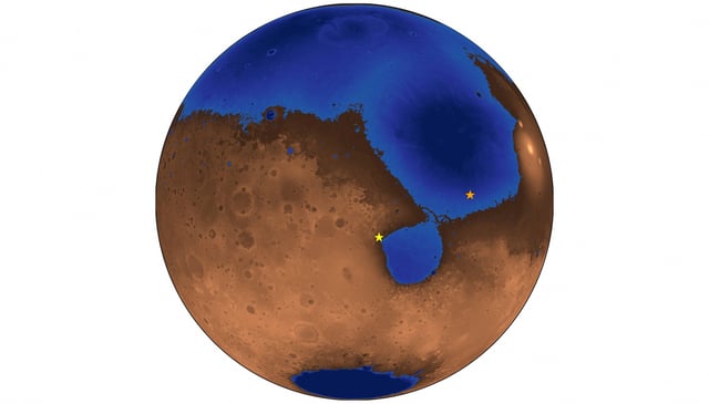 An illustration shows a hypothetical picture of Mars 3.6 billion years ago when an ocean may have covered nearly half the planet, released February 24, 2025. The blue areas show the depth of the ocean filled to the shoreline level of the ancient, now-gone sea, dubbed Deuteronilus. The orange star represents the landing site of the Chinese rover Zhurong and the yellow star is the site of NASA's Perseverance rover, which landed a few months before Zhurong. Robert Citron/Handout via REUTERS