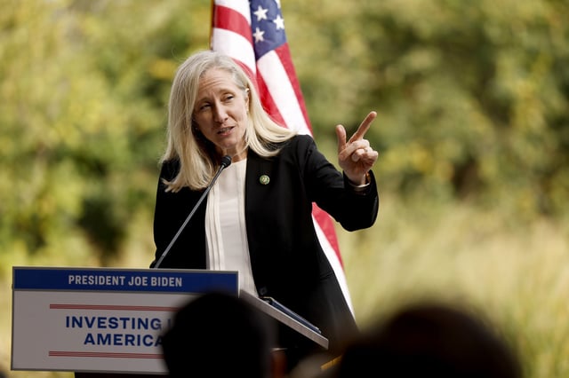 Former Representative Abigail Spanberger, a Virginia Democrat, speaks in Arlington, Virginia on October 15, 2024.