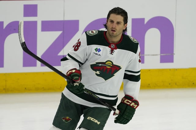 Jan 26, 2025; Chicago, Illinois, USA; Minnesota Wild right wing Ryan Hartman (38) warms up before a game against the  Chicago Blackhawks at United Center. Mandatory Credit: David Banks-Imagn Images/File Photo