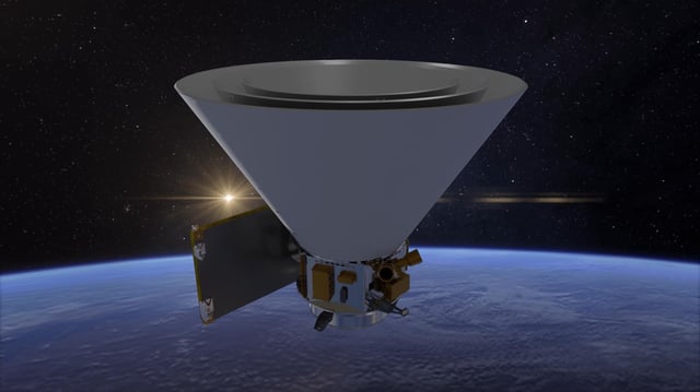 An artist’s concept shows SPHEREx in orbit around Earth. Credit: NASA/JPL-Caltech
