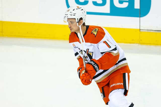 Jan 30, 2025; Calgary, Alberta, CAN; Anaheim Ducks center Trevor Zegras (11) skates during the warmup period against the Calgary Flames at Scotiabank Saddledome. Mandatory Credit: Sergei Belski-Imagn Images/File Photo