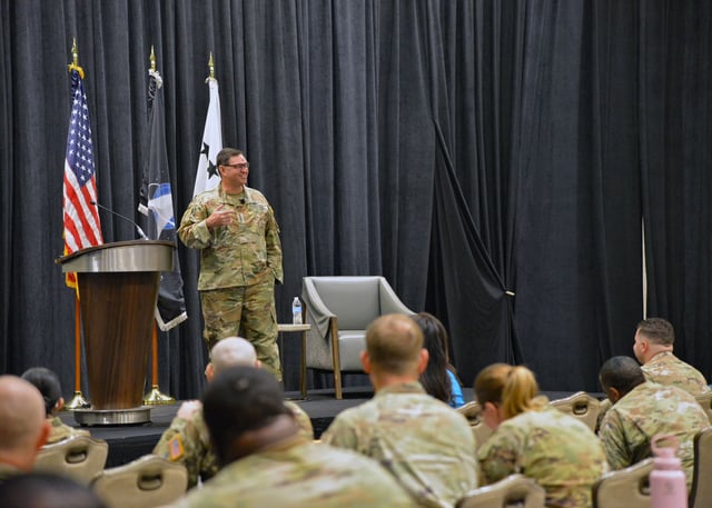 Chief of Space Operations Gen. Chance Saltzman speaks to service members. Credit: U.S. Space Force
