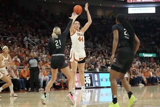 Feb 9, 2025; Austin, Texas, USA; Texas Longhorns forward Taylor Jones (44) shoots over South Carolina Gamecocks forward Chloe Kitts (21) during the first half at Moody Center. Mandatory Credit: Scott Wachter-Imagn Images/File Photo