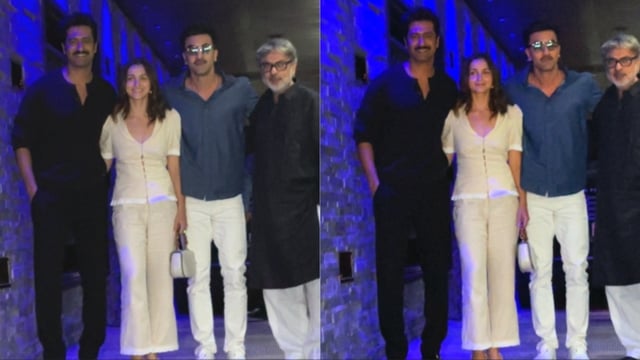 Vicky Kaushal, Alia Bhatt and Ranbir Kapoor posed with Sanjay Leela Bhansali at his birthday party. 