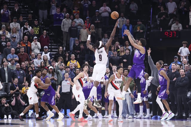 Feb 24, 2025; Salt Lake City, Utah, USA; Utah Jazz guard Keyonte George (3) misses a shot at the buzzer to fall to the Portland Trail Blazers at Delta Center. Mandatory Credit: Rob Gray-Imagn Images