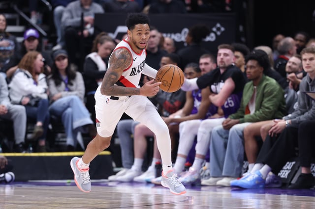 Feb 24, 2025; Salt Lake City, Utah, USA; Portland Trail Blazers guard Anfernee Simons (1) brings the ball up the court against the Utah Jazz during the second half at Delta Center. Mandatory Credit: Rob Gray-Imagn Images