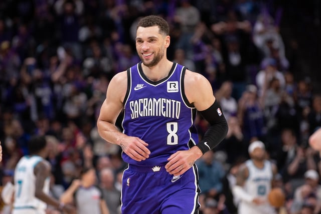Feb 24, 2025; Sacramento, California, USA; Sacramento Kings guard Zach LaVine (8) reacts after scoring against the Charlotte Hornets during the fourth quarter at Golden 1 Center. Mandatory Credit: Ed Szczepanski-Imagn Images