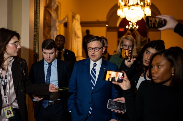 Speaker of the House Mike Johnson (R-LA) speaks with reporters as he walks to the House Chamber from his office at the U.S. Capitol on February 24, 2025 in Washington, DC.