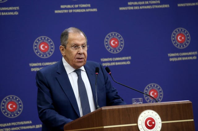 Russian Foreign Minister Sergei Lavrov holds a press conference with his Turkish counterpart Hakan Fidan (not pictured) in Ankara, Turkey, February 24, 2025. REUTERS/Cagla Gurdogan