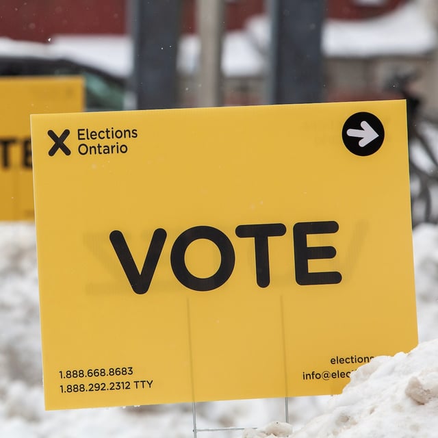 Signage from Elections Ontario, the non-partisan office of the Legislative Assembly of Ontario responsible for administering provincial elections, is seen at a polling station in Toronto, Thursday, Feb. 20, 2025. THE CANADIAN PRESS/Giordano Ciampini
