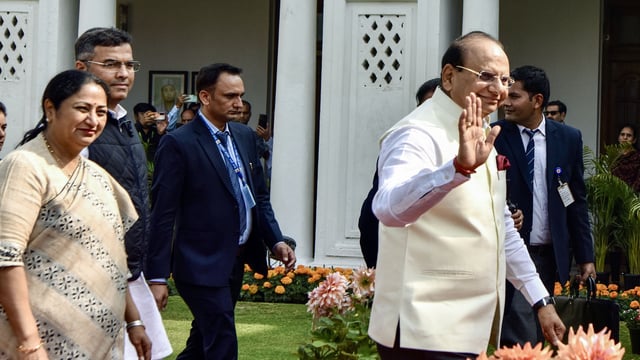 Delhi Lt Governor VK Saxena with Delhi chief minister Rekha Gupta arrives to address the media ahead of the Delhi assembly session.