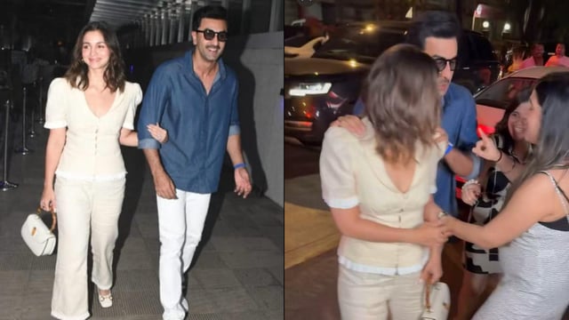 Ranbir Kapoor protects Alia Bhatt as a fan grabs her hand.