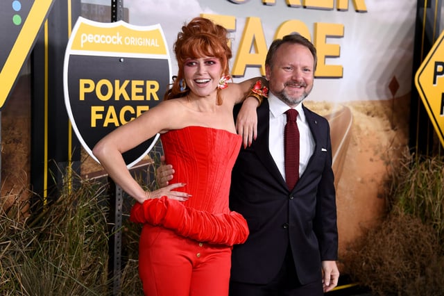 Natasha Lyonne, left, and Rian Johnson at the Los Angeles premiere of "Poker Face" Season 1 in 2023.
