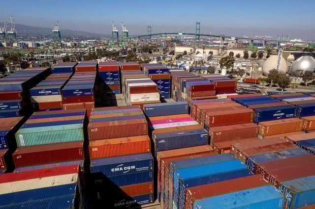 Shipping containers at the Port of Los Angeles in Los Angeles on February 20. The busiest trade hub in the US moved more containers last month than in any previous January, as importers rushed to bring in goods before widely anticipated tariff hikes from President Donald Trump.