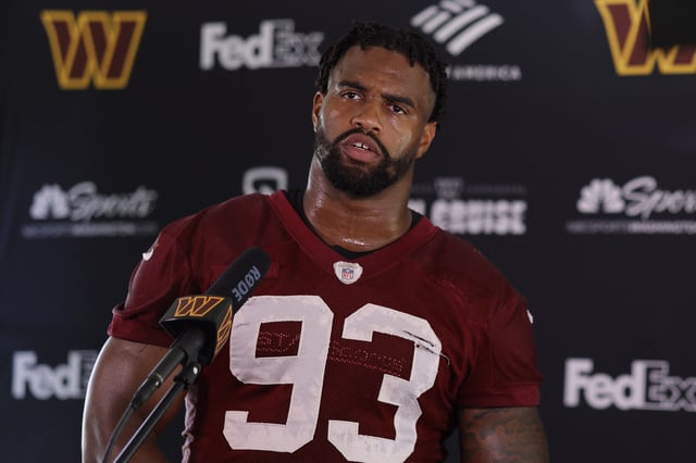 Jul 27, 2022; Ashburn, VA, USA; Washington Commanders defensive tackle Jonathan Allen (93) speaks with the media after day one of training camp at The Park. Mandatory Credit: Geoff Burke-USA TODAY Sports/File Photo