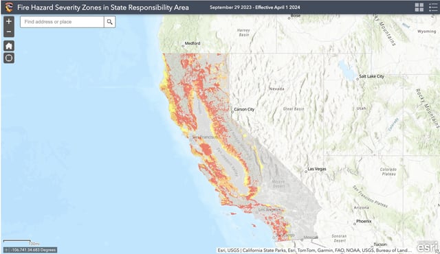 Fire Hazard Severity Zones in State Responsibility Area as of September 29, 2023. Yellow represents a &#34;Moderate&#34; hazard; Orange &#34;High&#34;; and Red &#34;Very High.&#34;
