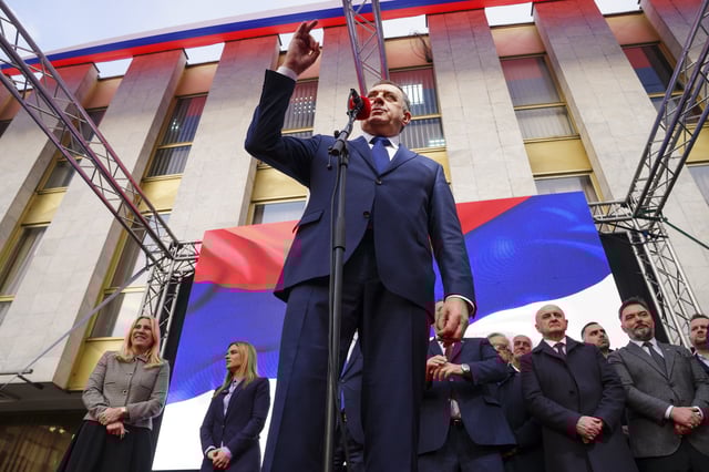 Bosnian Serb President Milorad Dodik speaks during a rally on the eve of a scheduled court verdict that could order the pro-Russia Serb leader banned from politics or even sentenced to prison in the Bosnian town of Banja Luka, 240 kms northwest of Sarajevo, Tuesday, Feb. 25, 2025. (AP Photo/Radivoje Pavicic)