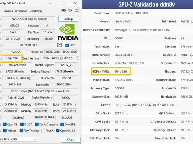 An image about NVIDIA admits: yeah sorry, our new GeForce RTX 5080 has missing ROPs as well