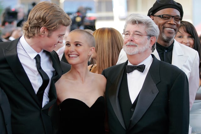Hayden Christensen, left, Natalie Portman, George Lucas and Samuel L. Jackson, arrive for the premiere of “Star Wars: Episode III Revenge of the Sith” at the 58th international Cannes film festival on May 15, 2005. Lucasfilm has announced the re-release of one of the most divisive chapters in the sci-fi saga to mark the film’s 20th anniversary. 